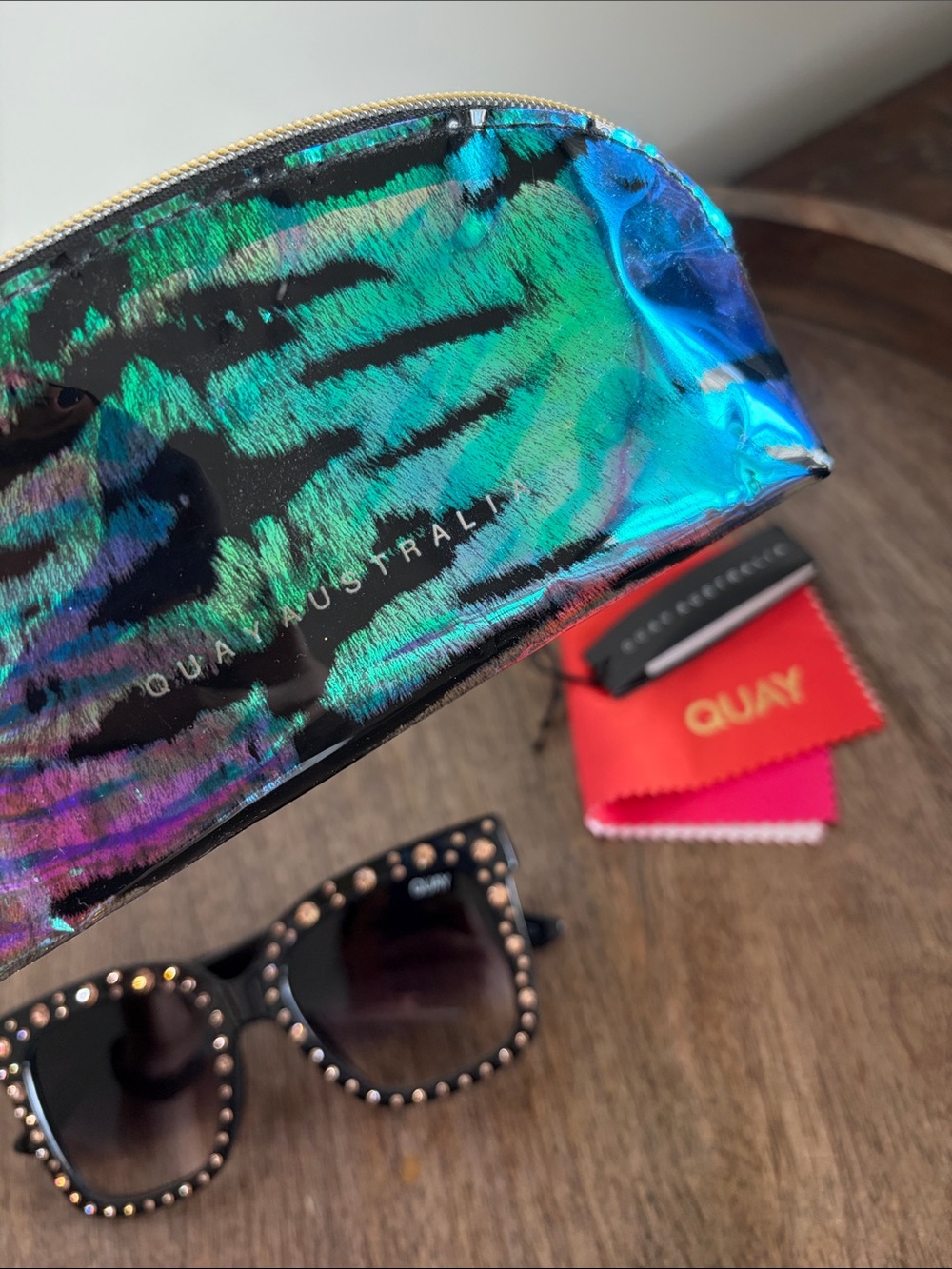 Quay Australia Black Crystal-Stud Square Sunglasses with Iridescent Pouch - Picture 5 of 13